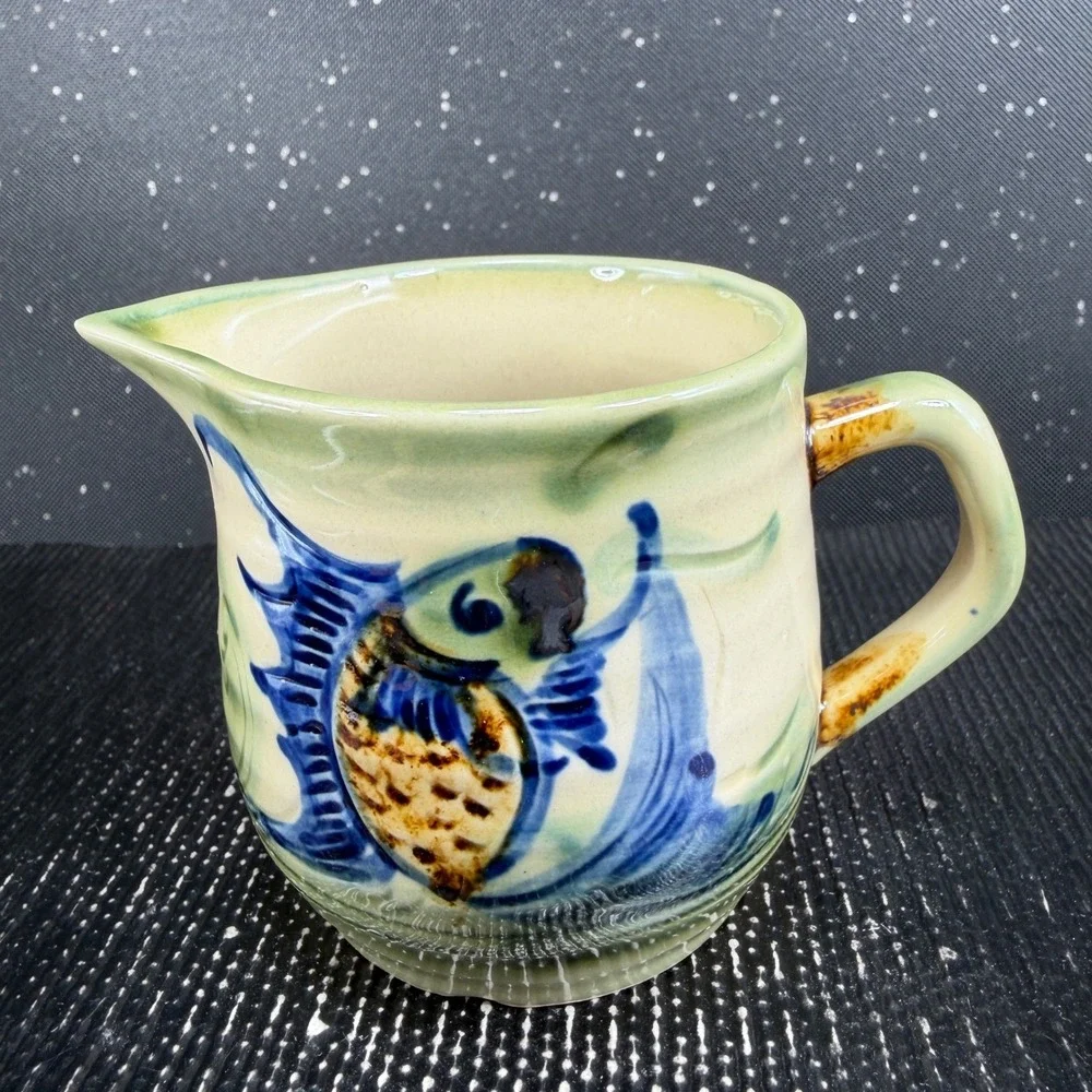 Tsuboya Ware Yachimun Japanese Pottery Creamer and Saucer Set Fish Design 3in
